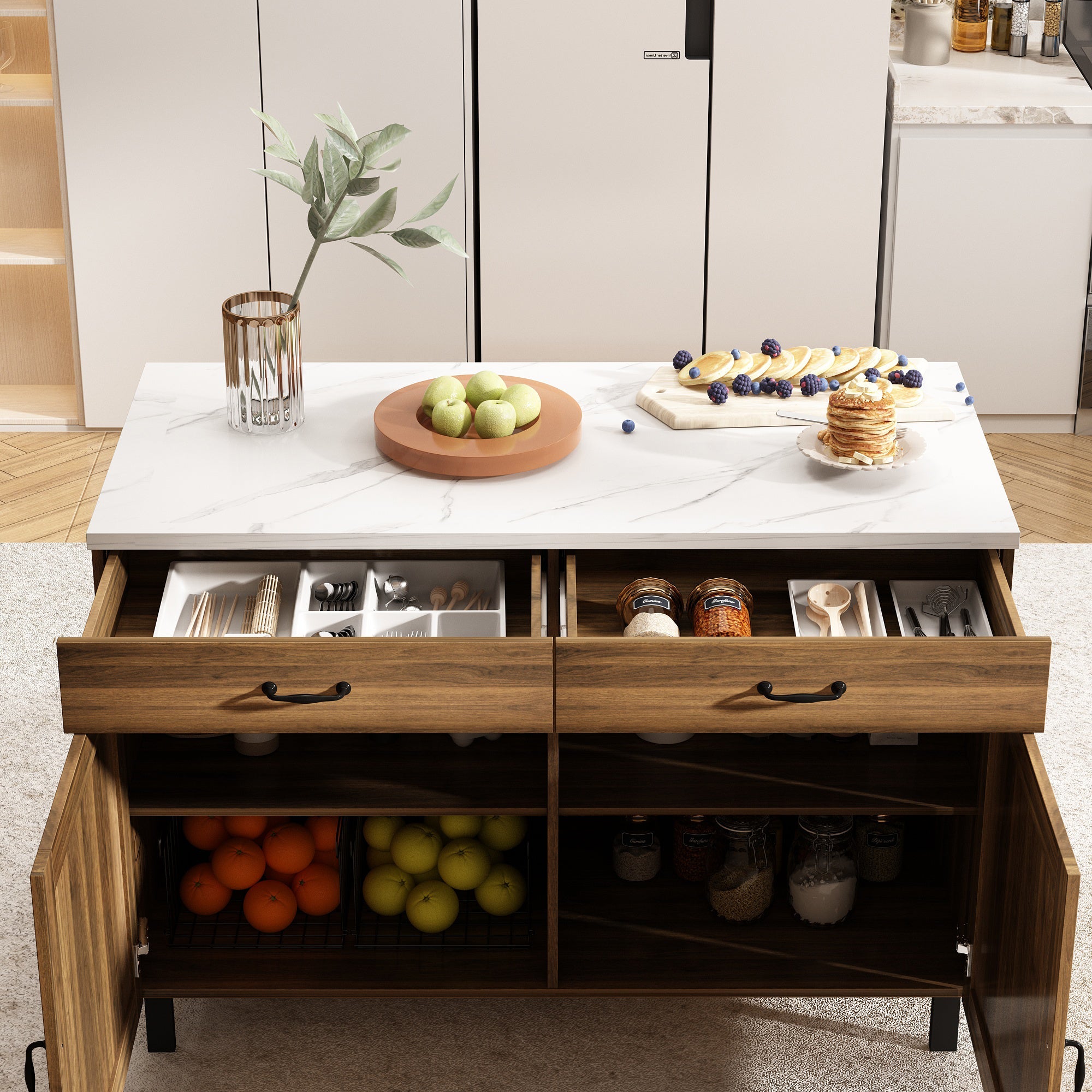 Wood Kitchen Island with Marble Veneer Countertop and Storage