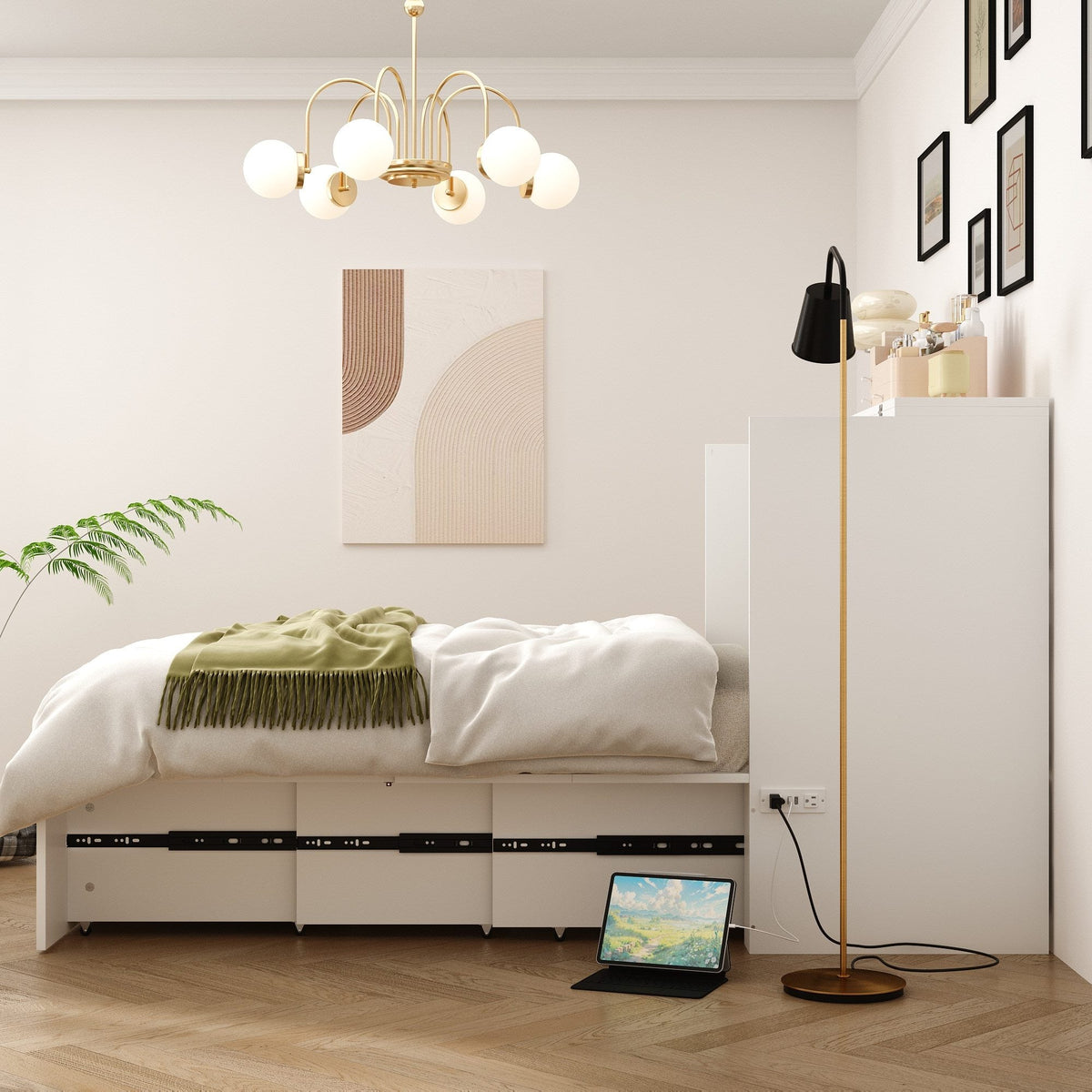 76.8" Modern White Murphy Bed With Power Outlets And Fold-down Panel