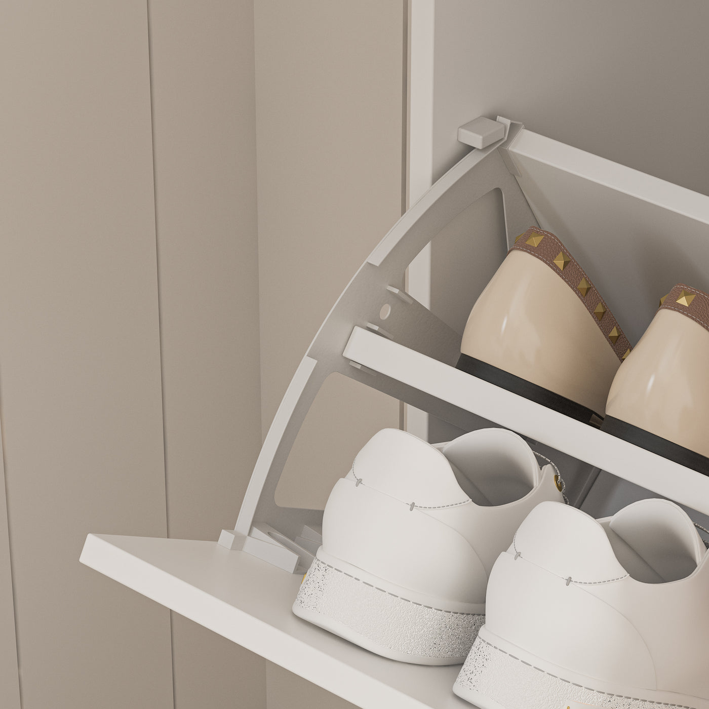 31.5" Modern White Flip-Down Shoe Cabinet with 3 Tiers & 28 Pair Capacity