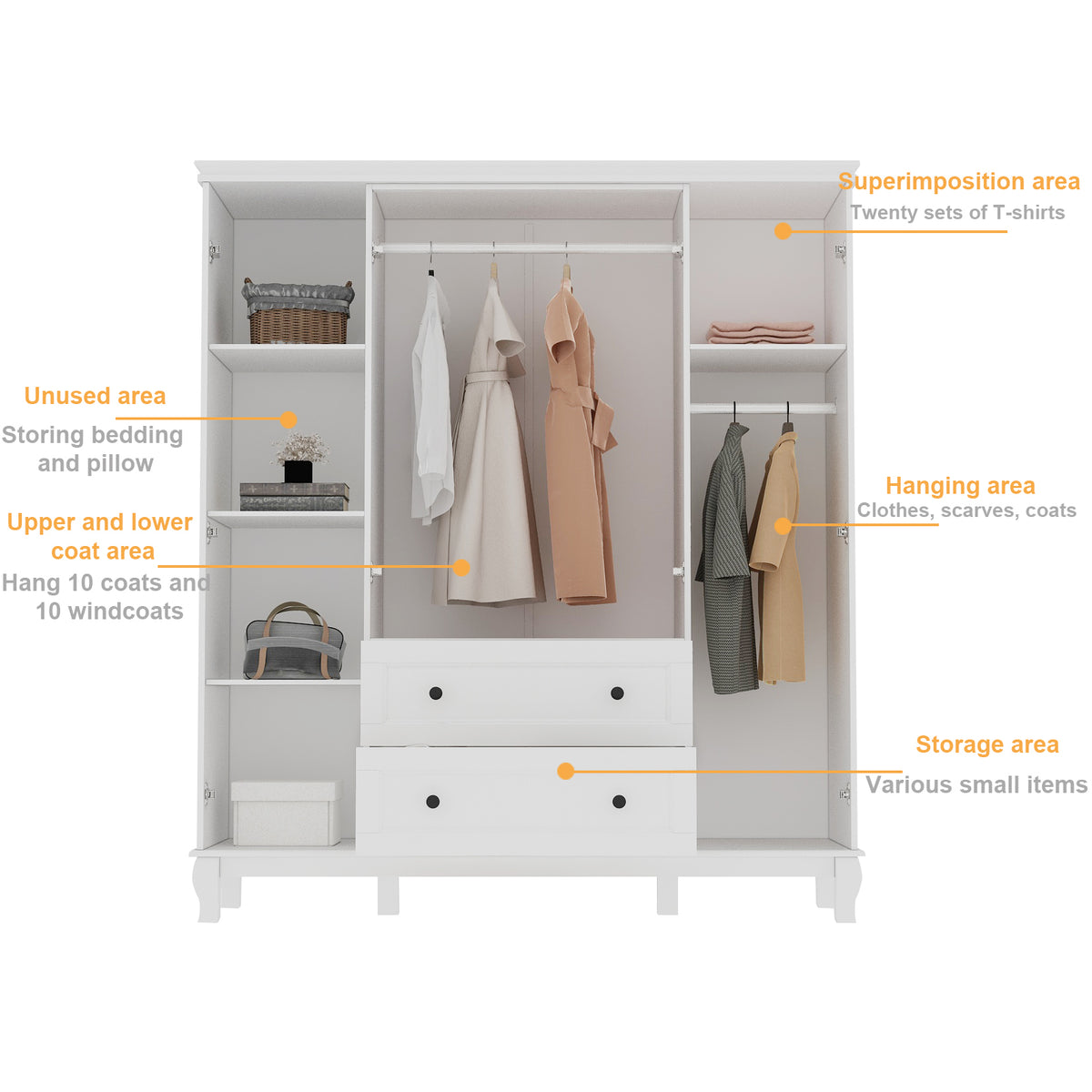 63 inches Modern Minimalist White Wardrobe Armoire with Storage Shelves and Drawers for Bedroom