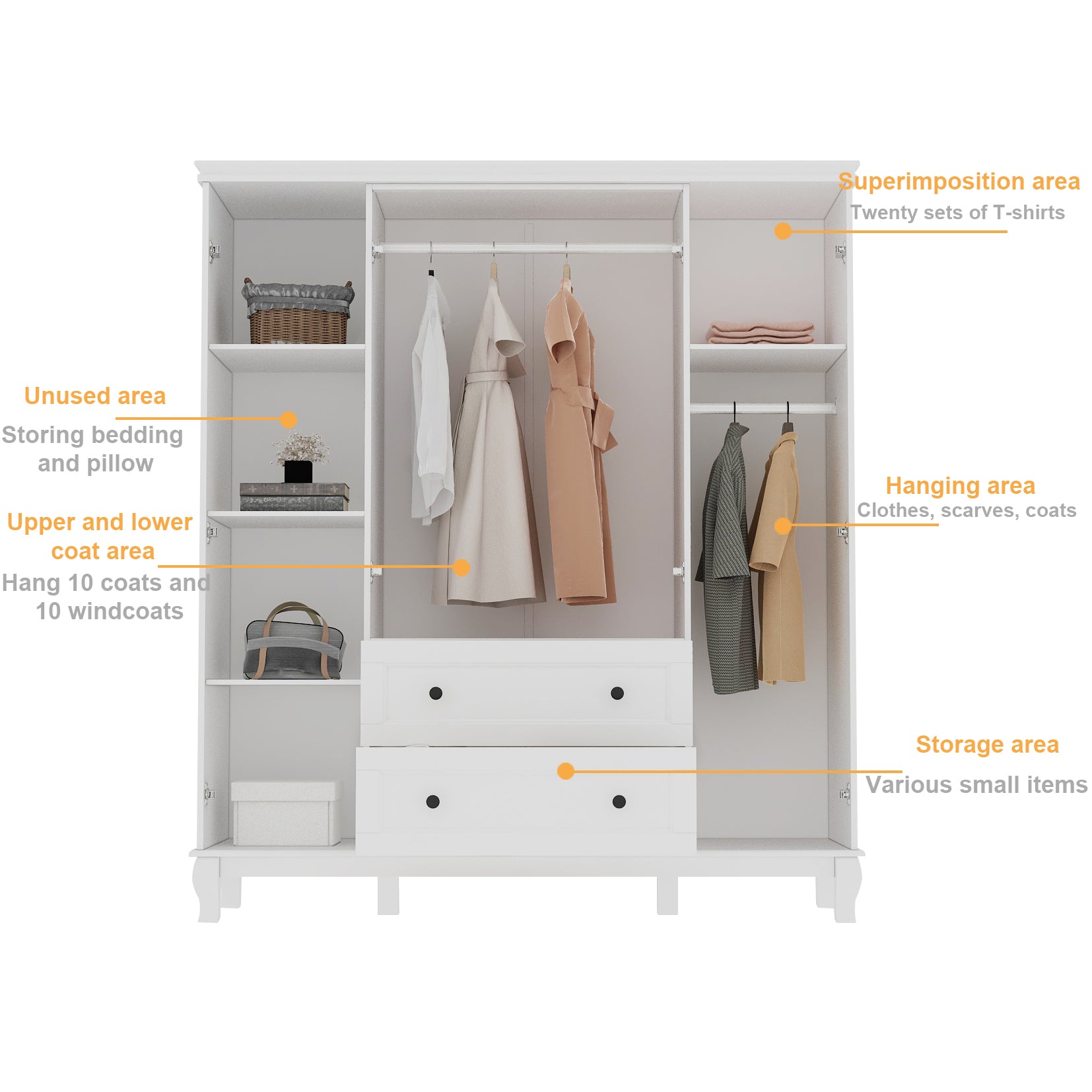 63 inches Modern Minimalist White Wardrobe Armoire with Storage Shelves and Drawers for Bedroom