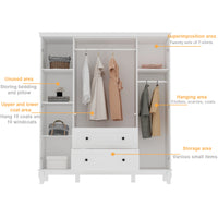 63" Modern Minimalist White Wardrobe Armoire with Storage Shelves and Drawers for Bedroom