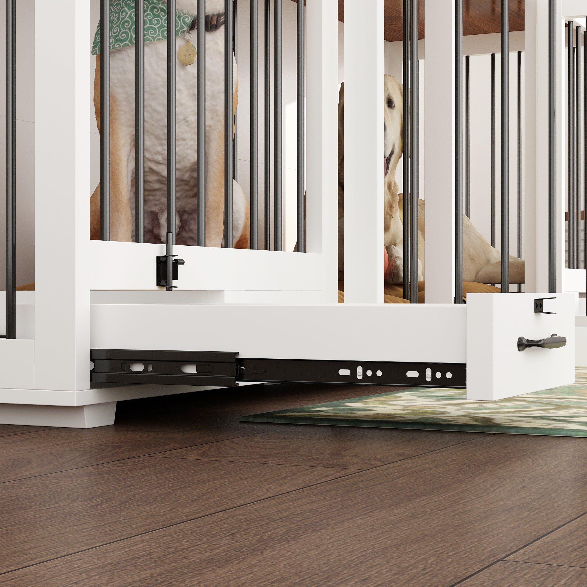 Large Dog Crate Furniture With Pull-Out Dog Bowls And Divider