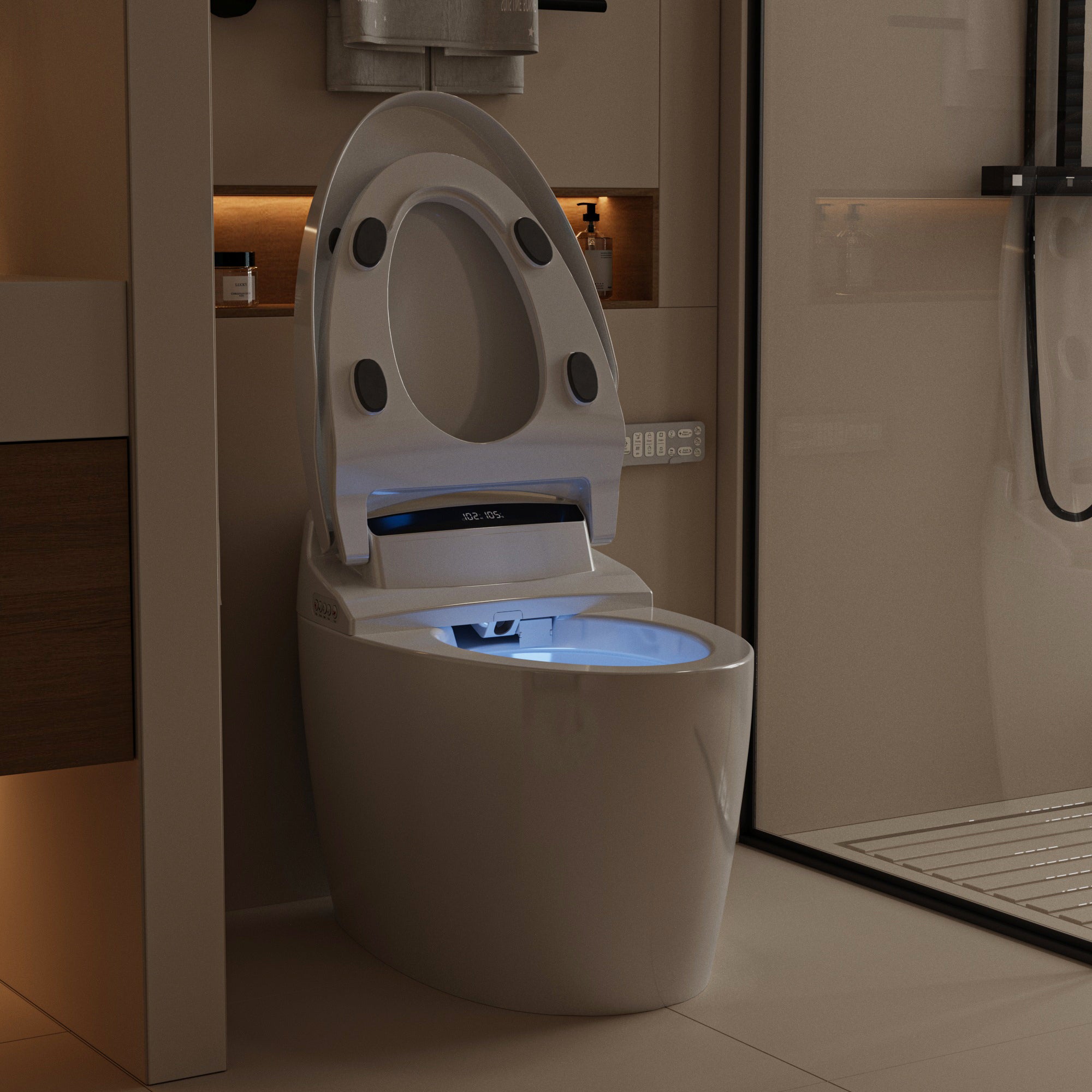 White smart toilet with closed lid, digital display, and built-in bidet
