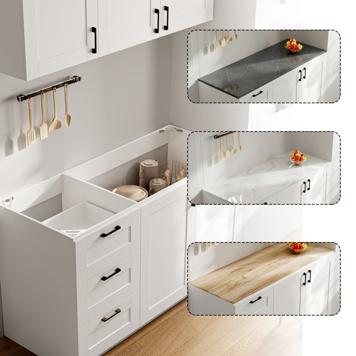 60" White Kitchen Sideboard Buffet Pantry Cabinet with Wall-Mounted Upper Storage Cabinet, 3 Drawers and Double Base Doors