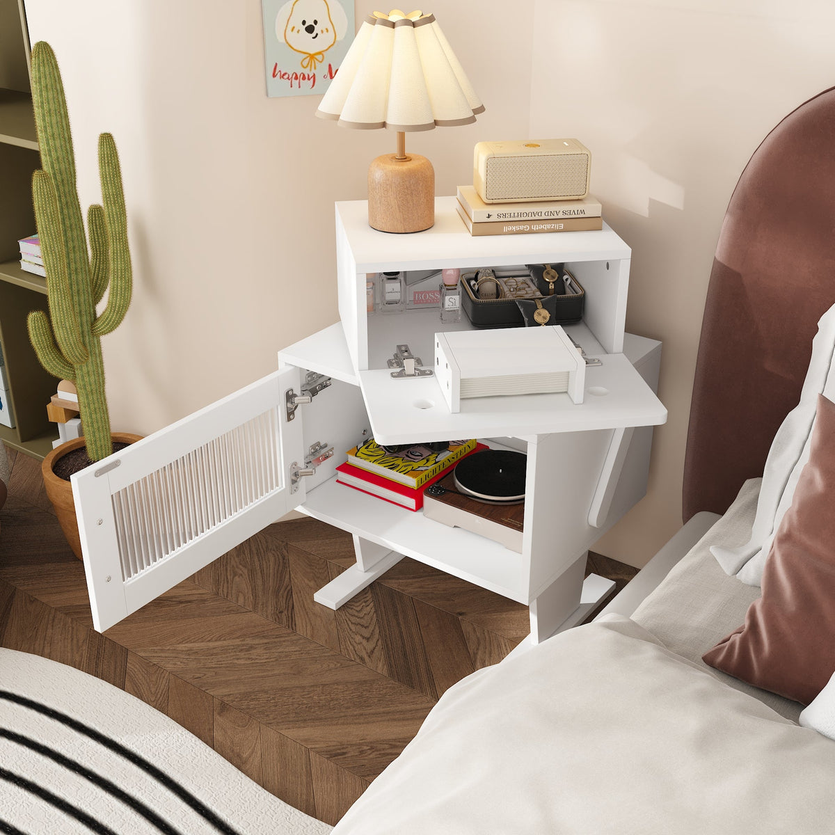18.9" Modern Creative White Nightstand With Robot Shape And 360°Rotation
