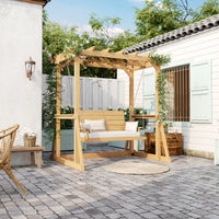 Wooden pergola with a swing on a patio area with a white building and greenery in the background