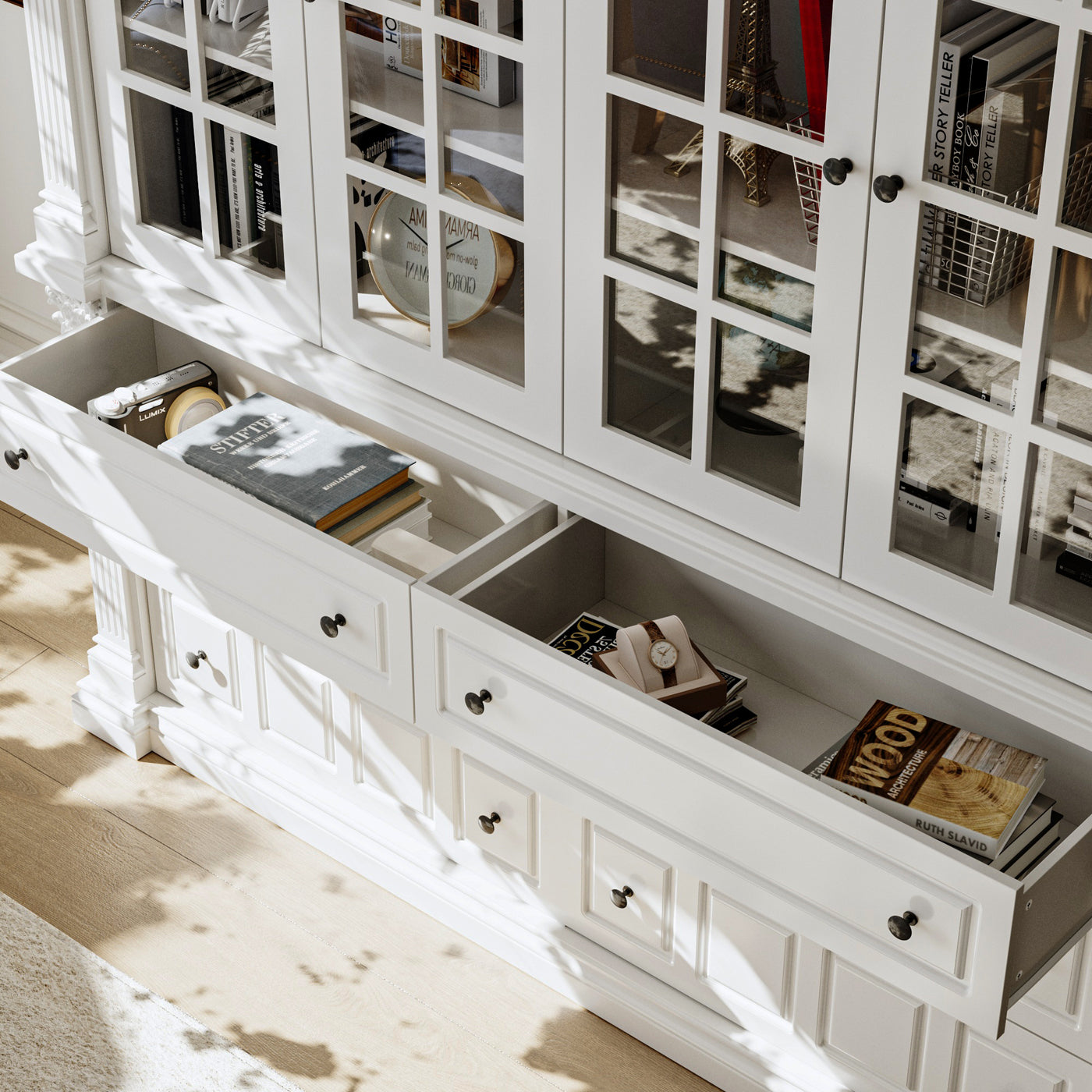 63" Modern White Tall Bookcase with 6 Drawers & 4 Tempered Glass Doors