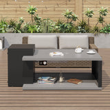 Outdoor patio set with sofa, coffee table, and small table against a wooden wall with plants.