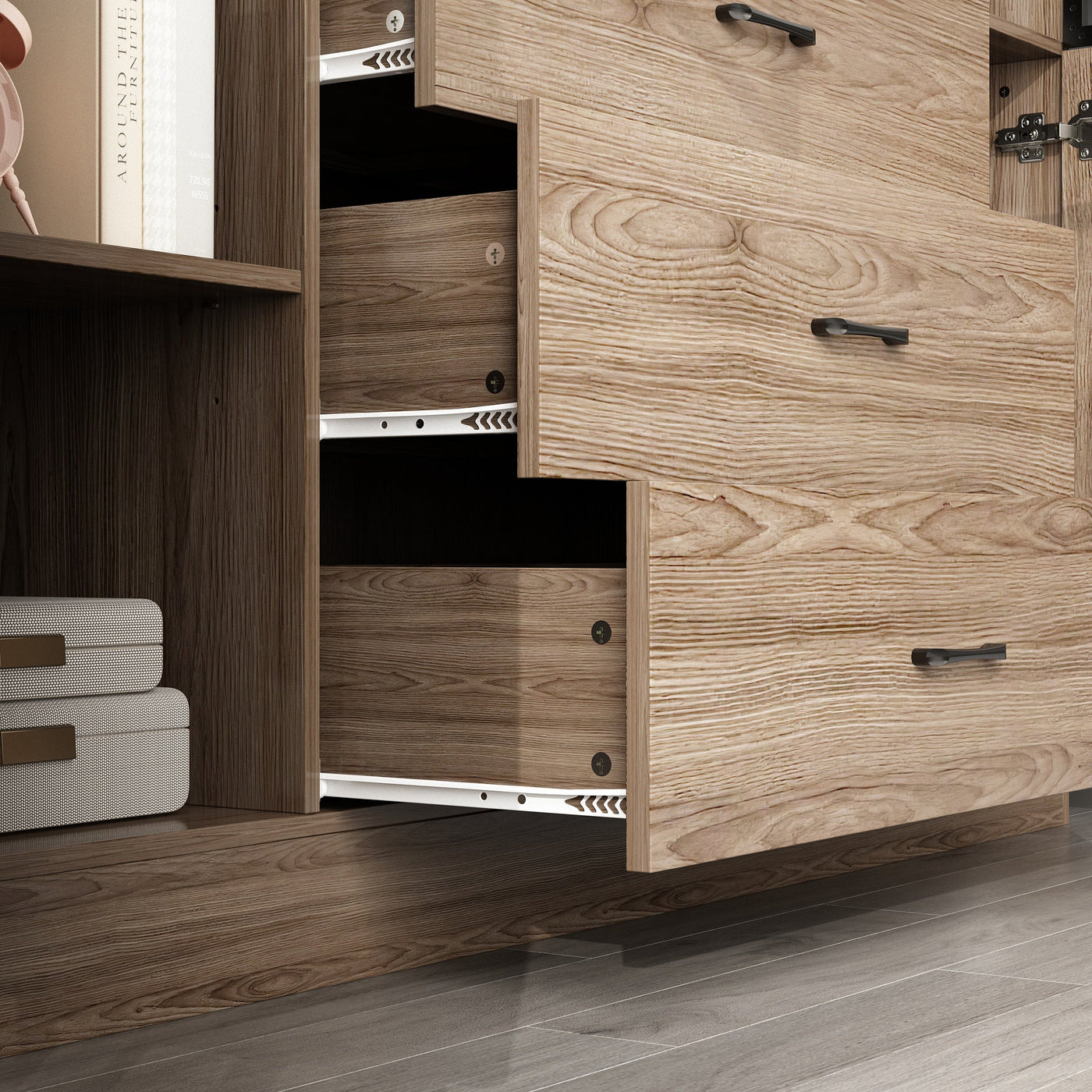 Geyma 63" Modern Brown Display Cabinet with Tempered Glass Doors and Adjustable Lighting