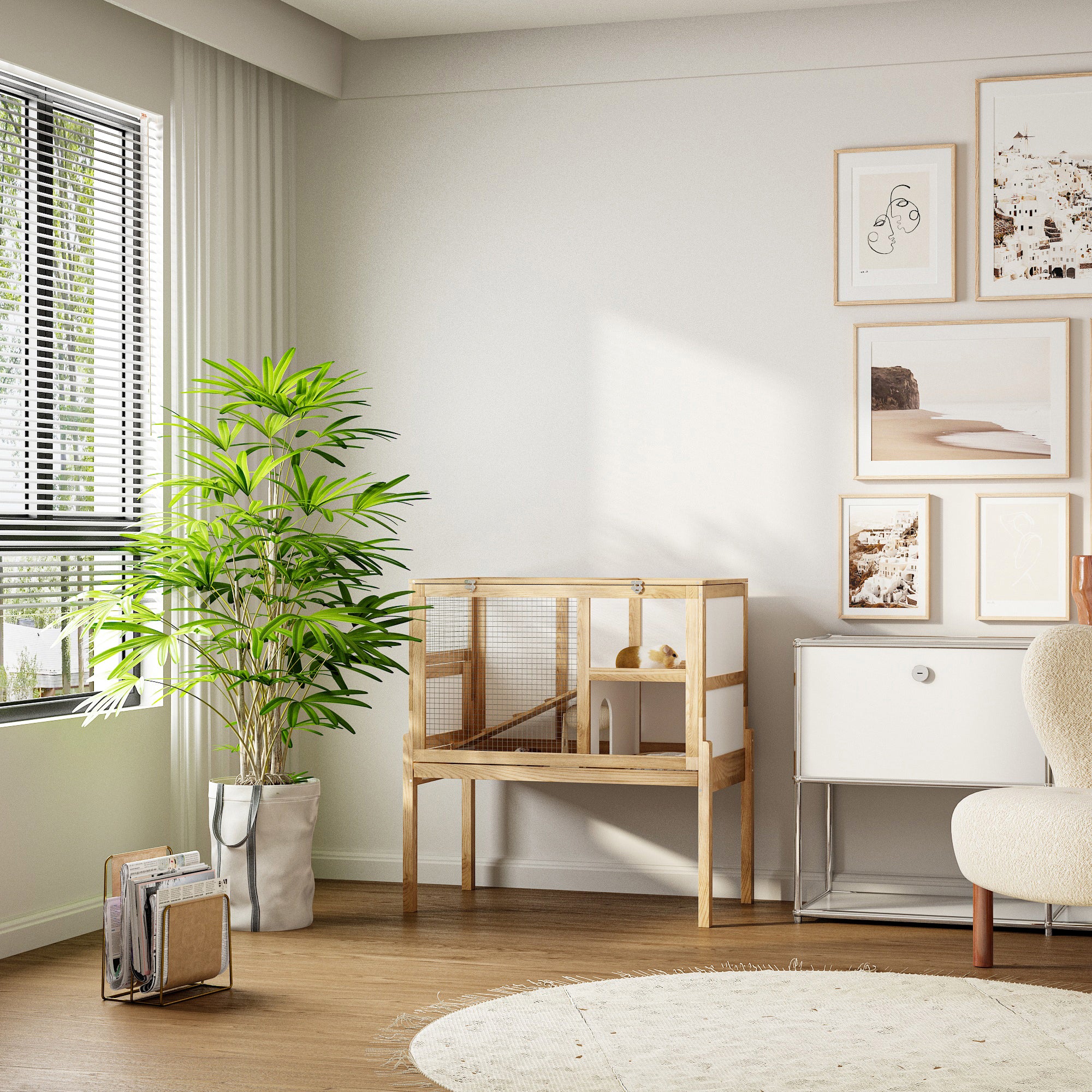 Elevated Small Animal Cage with 2 Level Play Area and Slide Out Cleaning Tray