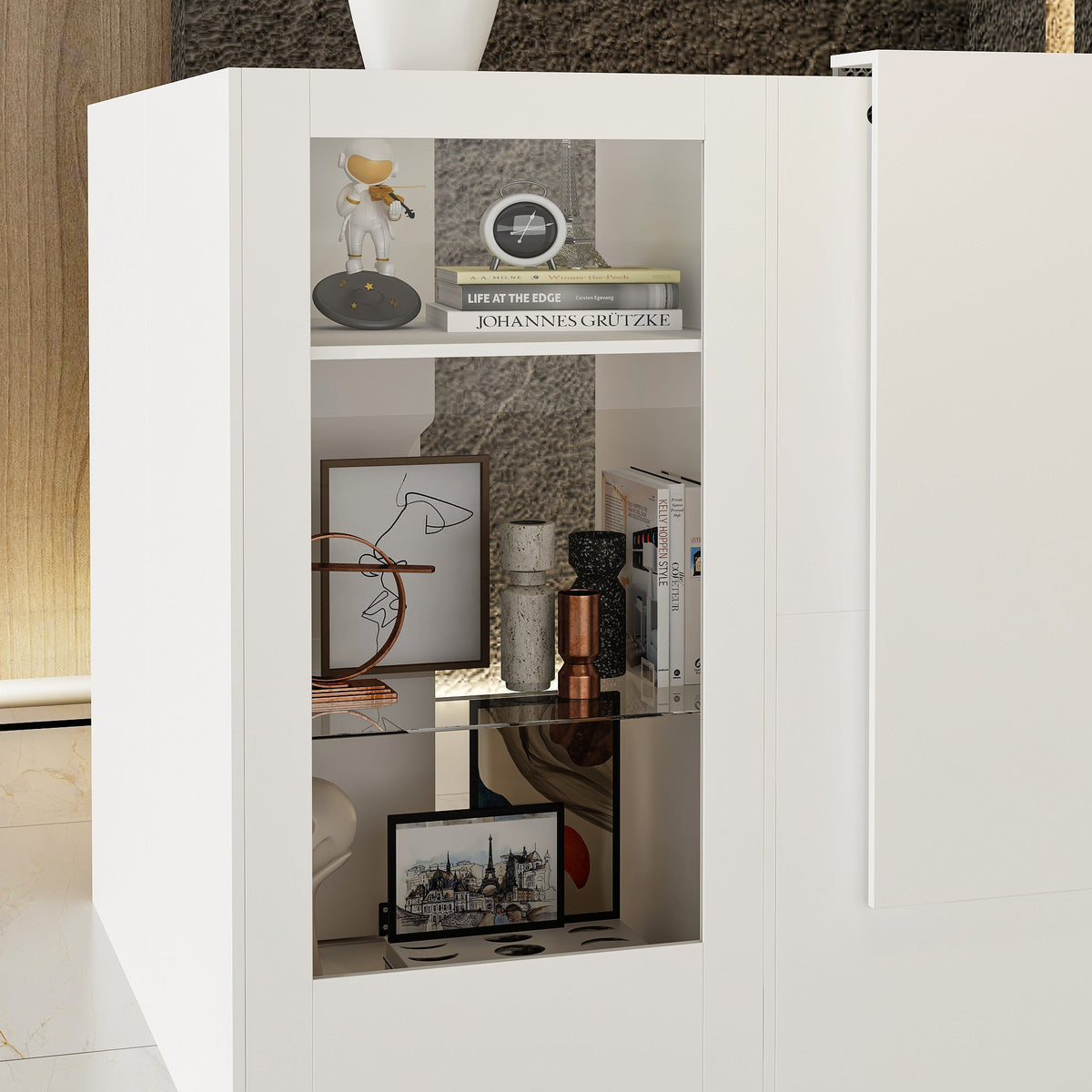 47" Modern Minimalist White LED Reception Desk With Open Shelving And Storage Compartments