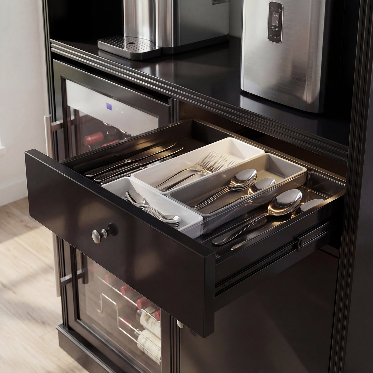 Open drawer with cutlery in a kitchen setting