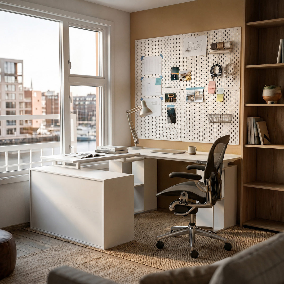 63" Modern White U-Shaped Standing Desk with 3 Memory Presets, Drawer and Open Storage