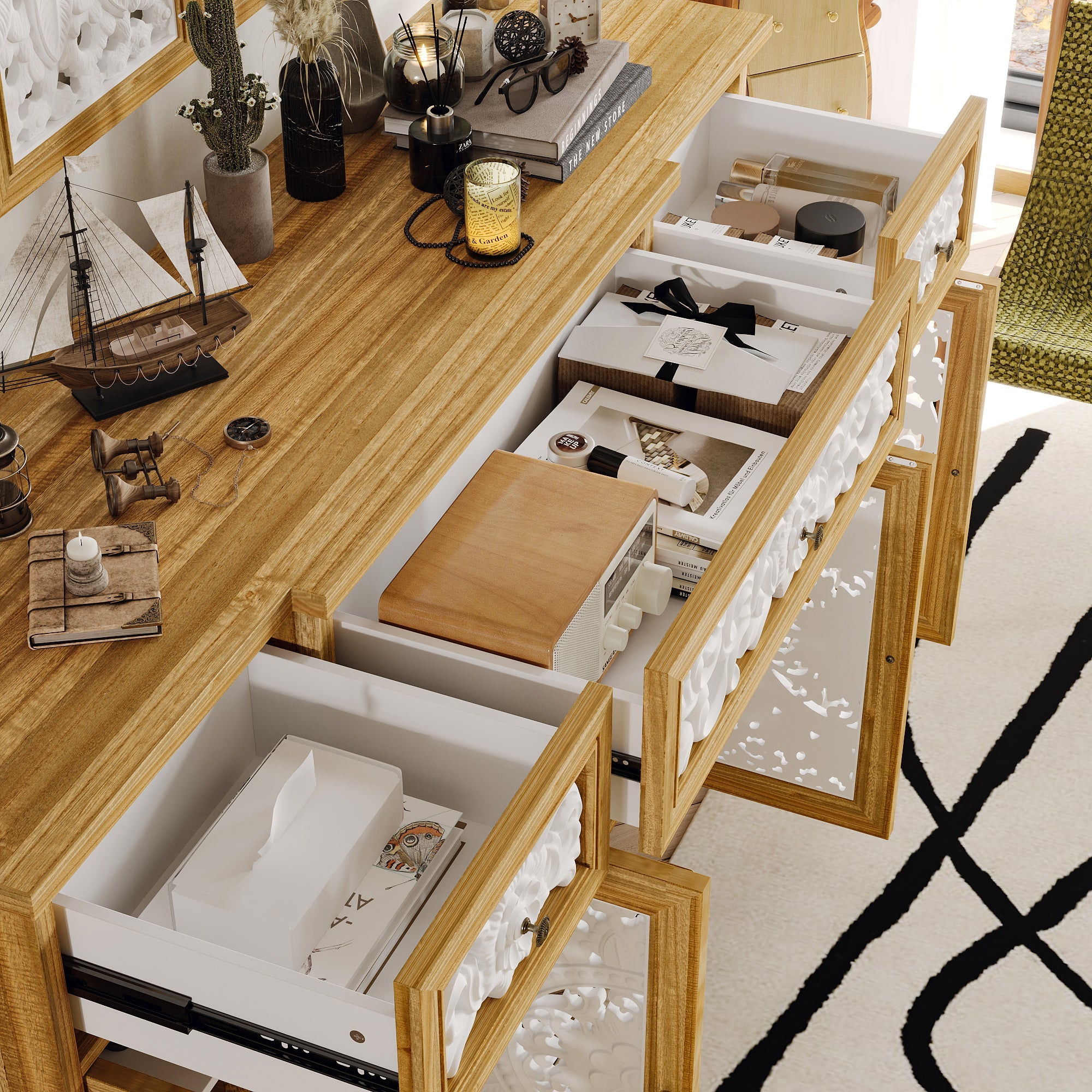 59.1" W Sideboard Cabinet Buffet Storage Cabinet With Wall Hanging Decorations