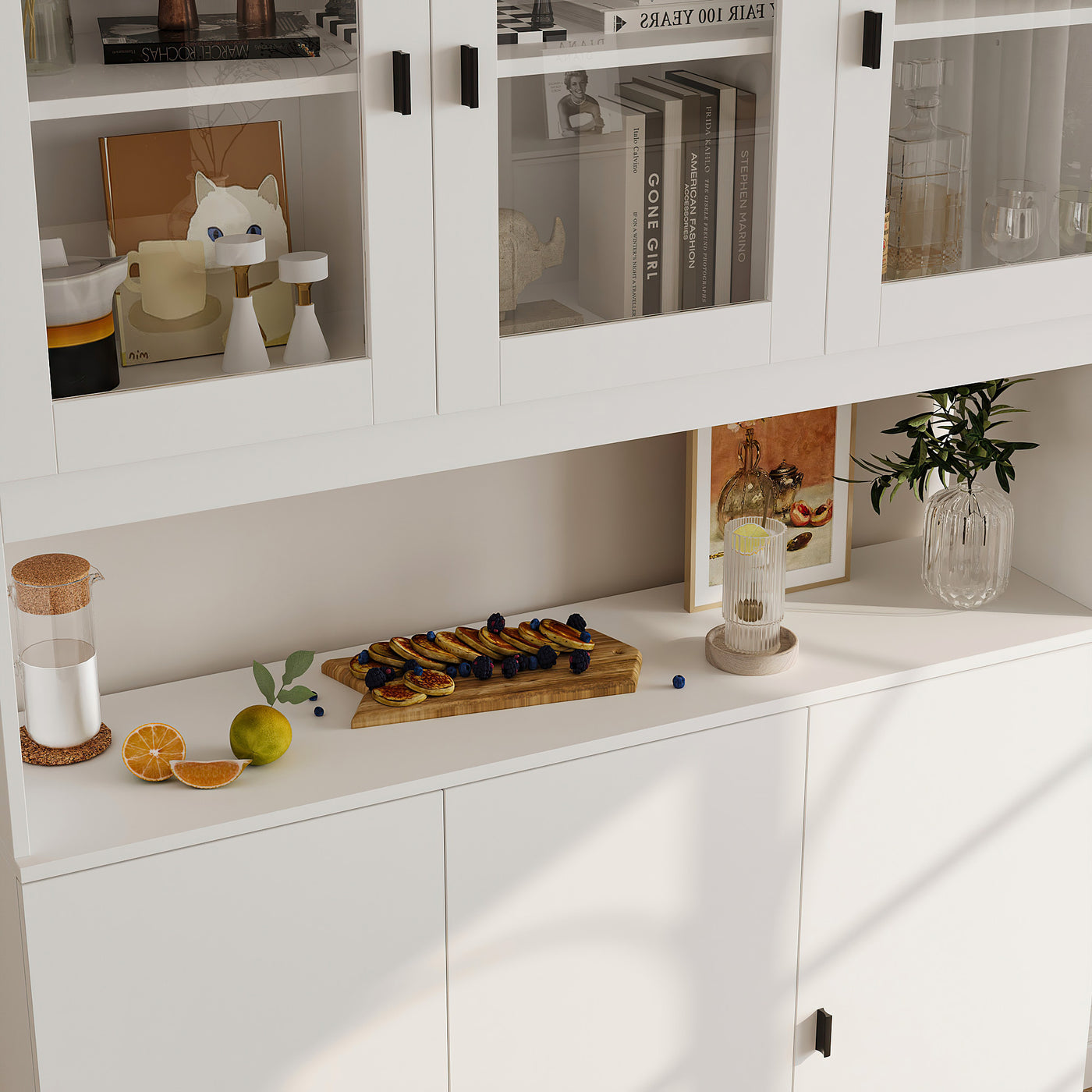 47.2" Elegant White Bookcase with Glass Doors and Open Shelves