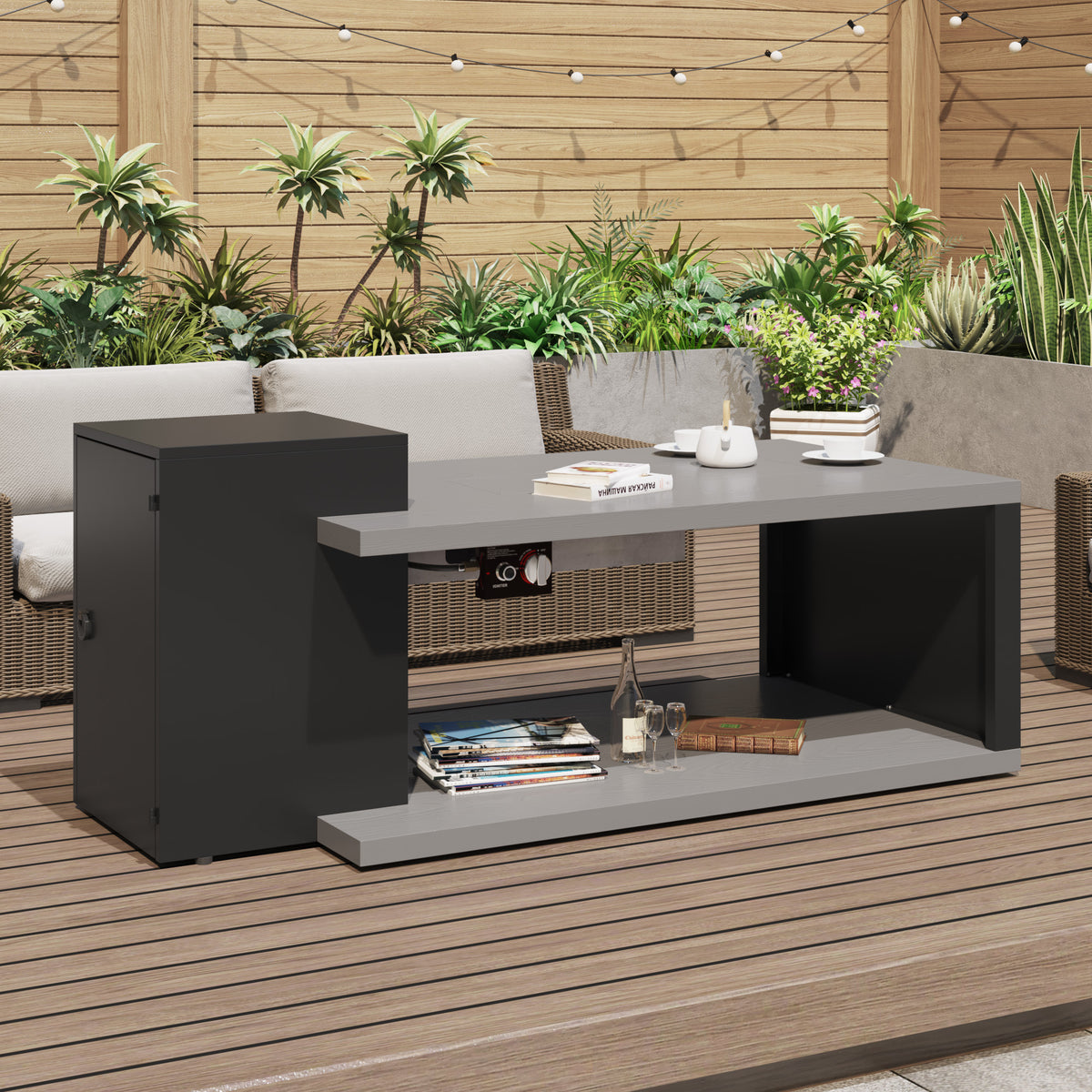 Outdoor furniture set with a coffee table and chairs on a wooden deck.