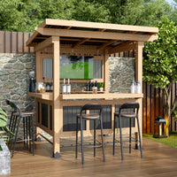 Outdoor bar setup with wooden pergola, stone wall, and stools on a deck