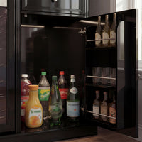 Open black cabinet with drinks and glasses inside