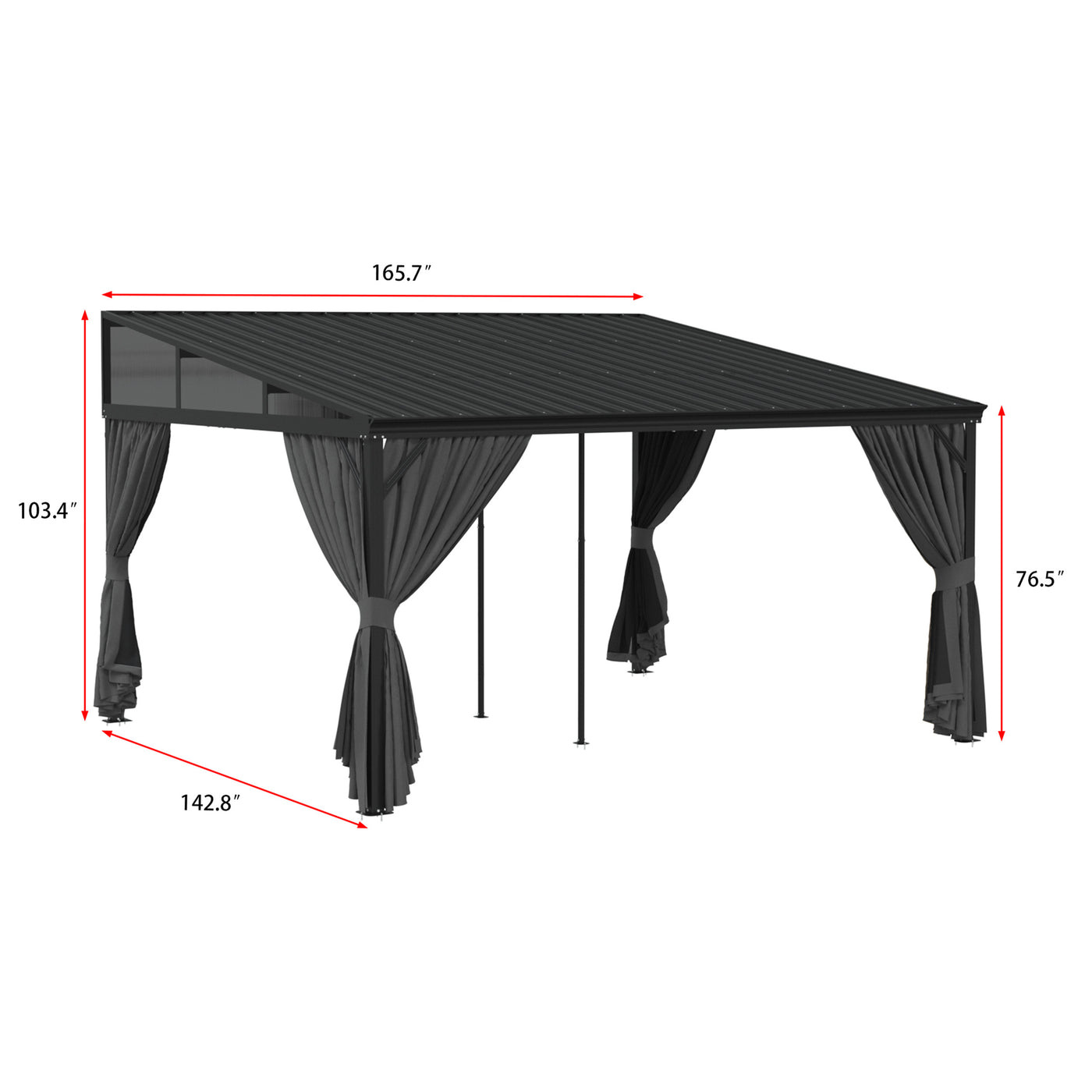 165.7" Modern Black Patio Gazebo with Curtains and Mosquito Net