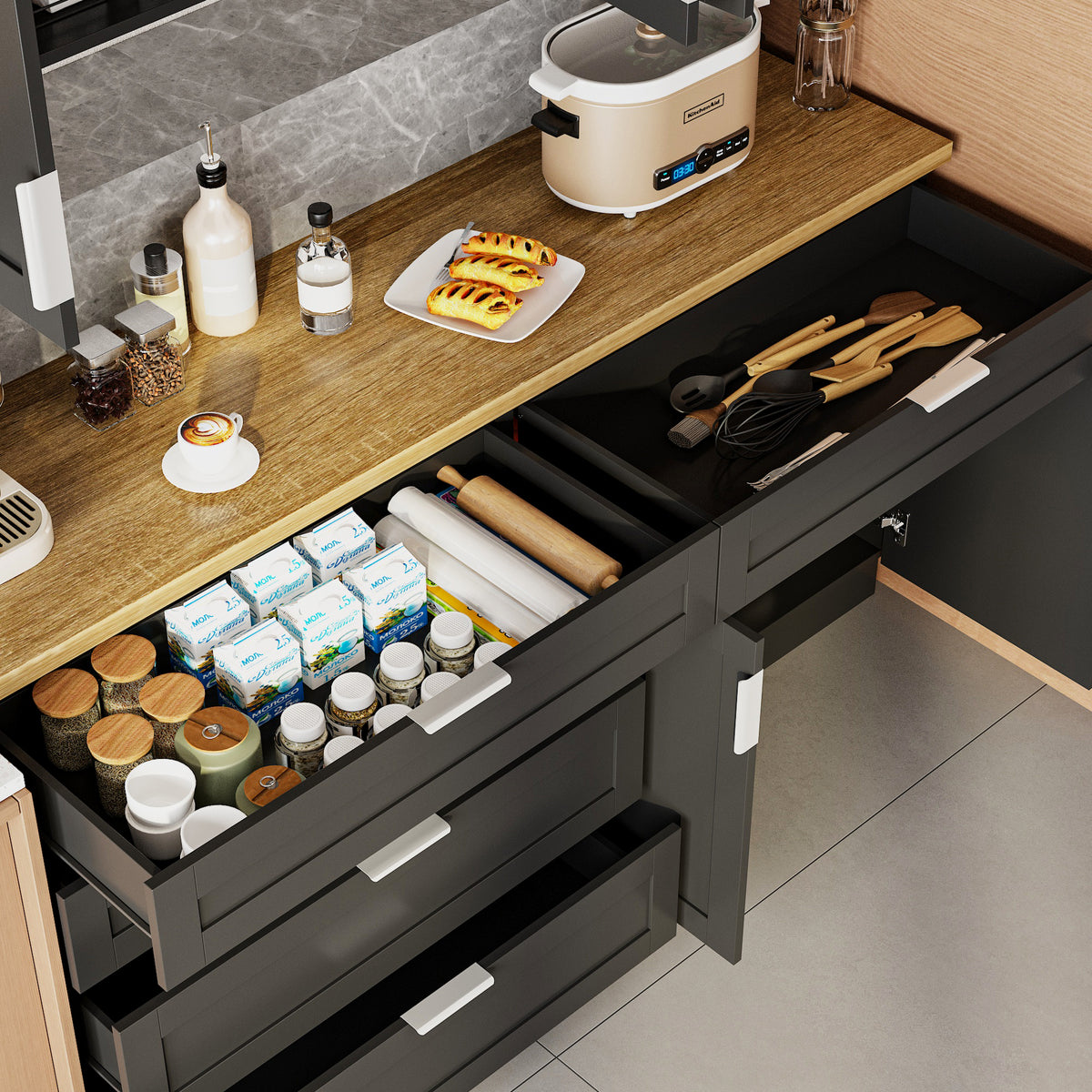 63" Modern Matte Black Kitchen Cabinet Set with 5 Drawers and 6 Doors