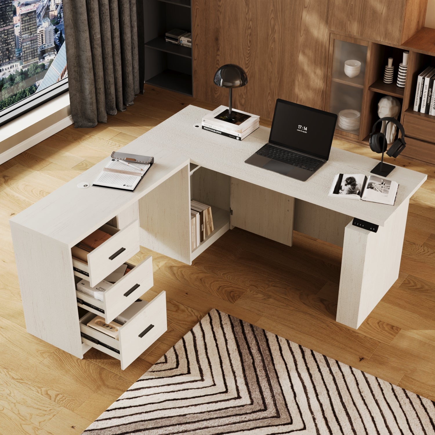 63"W L-Shaped 3-Drawer Lift Computer Desk