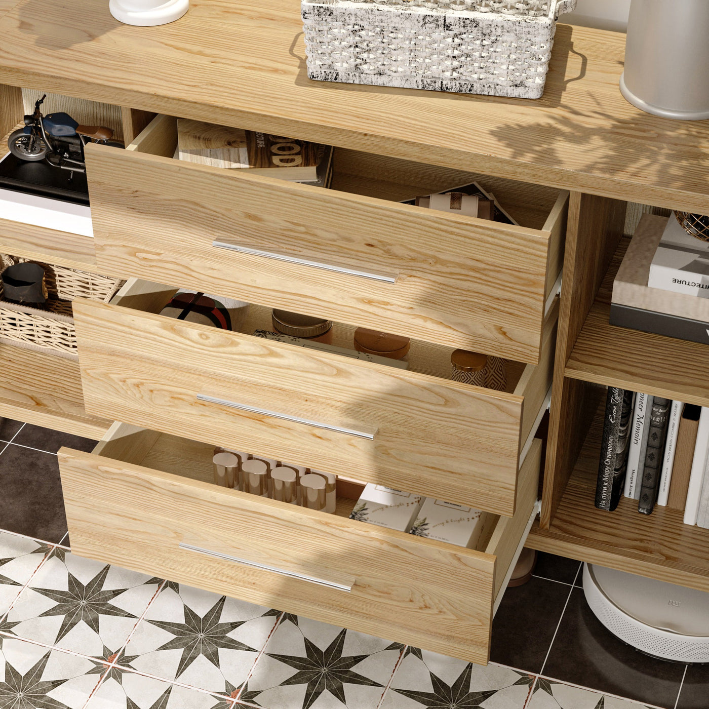 59" Minimalist Natural Sideboard Cabinet Buffet Storage Cabinet With Hinged Doors and Pull-out Drawers