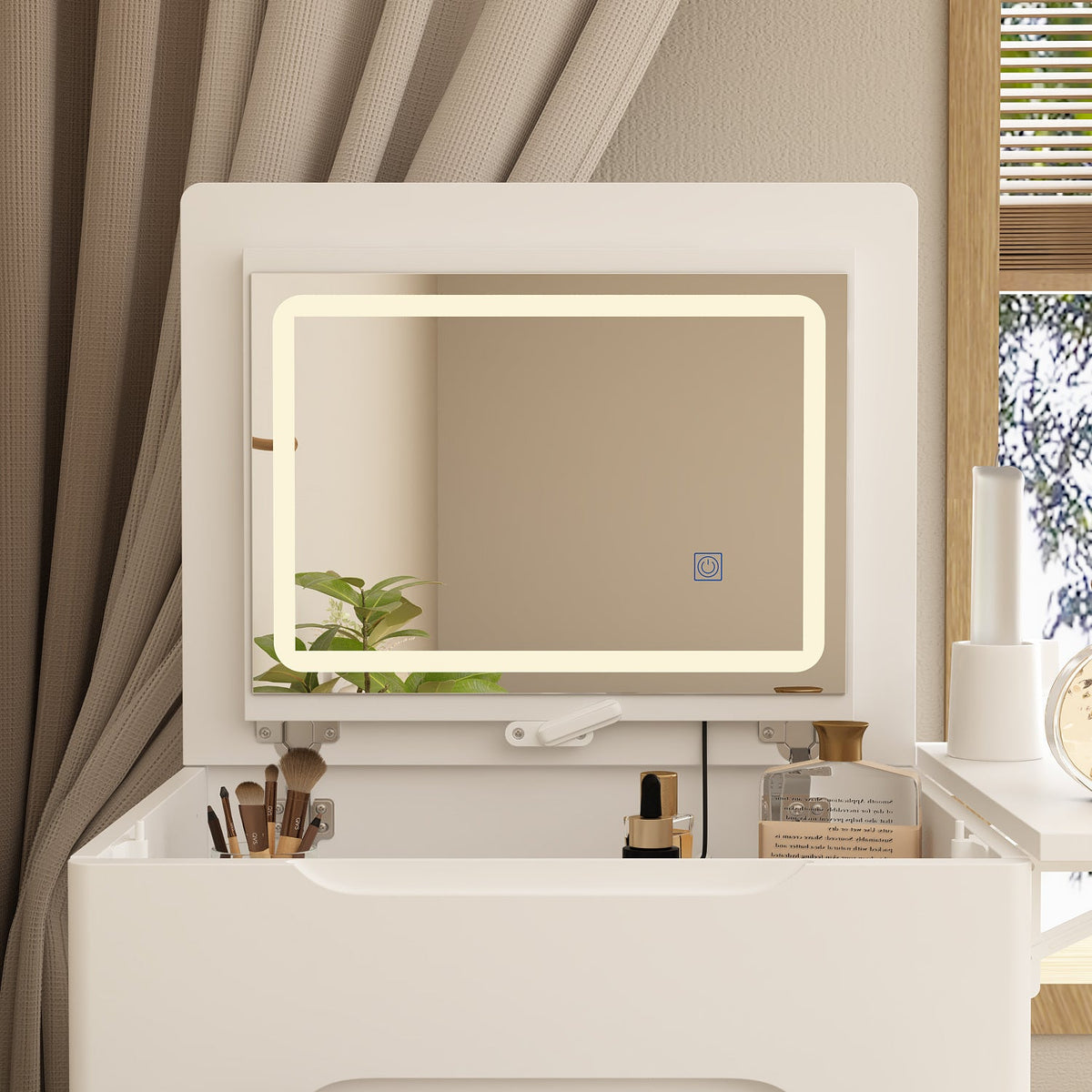 19.8" Modern White Makeup Vanity Table With Flip Top Desktop, LED Lighted, Storage Makeup Stool, Side Shelves