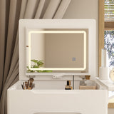 19.8 inches Modern White Makeup Vanity Table With Flip Top Desktop, LED Lighted, Storage Makeup Stool, Side Shelves