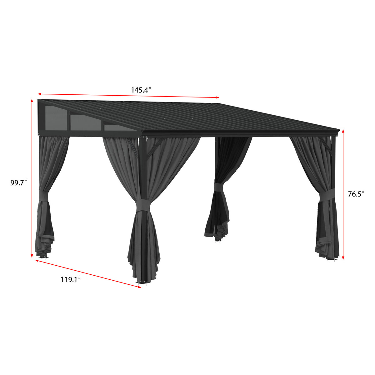 145.4" Modern Black Patio Gazebo with Curtains and Mosquito Net