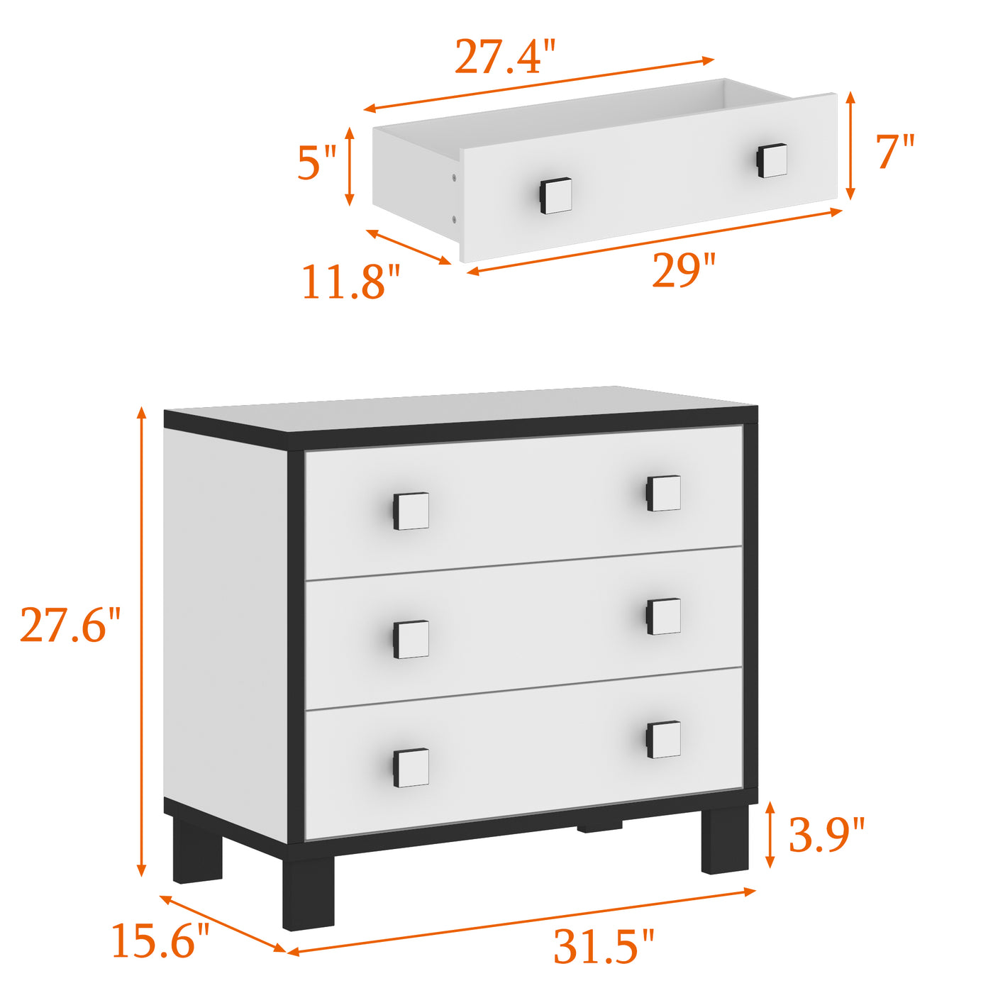 23.6" Modern Black 3-Drawer Nightstand with Gold Handles