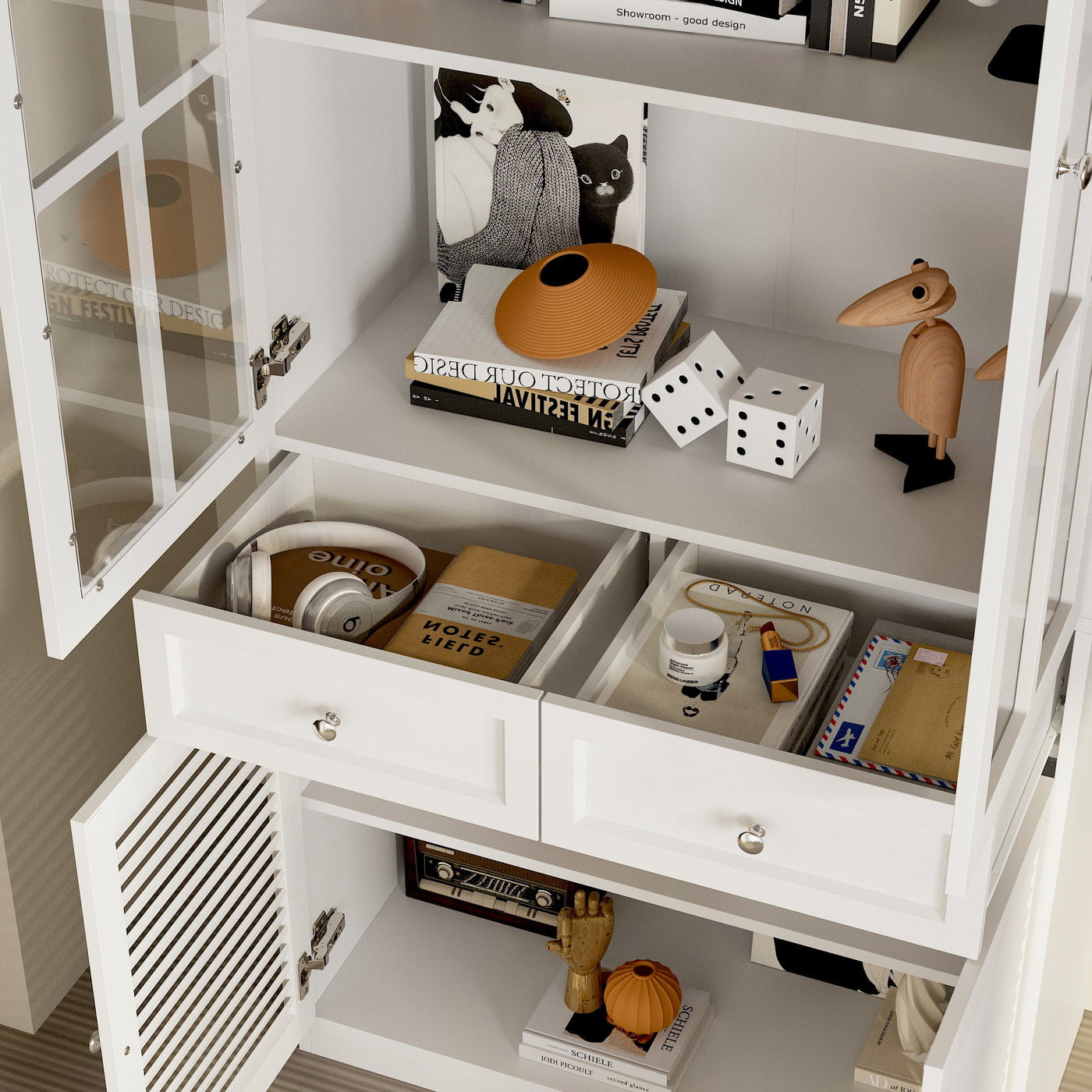 31.5" Modern White Bookcase With Glass and Louvered Doors