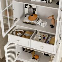 31.5" Modern White Bookcase With Glass and Louvered Doors