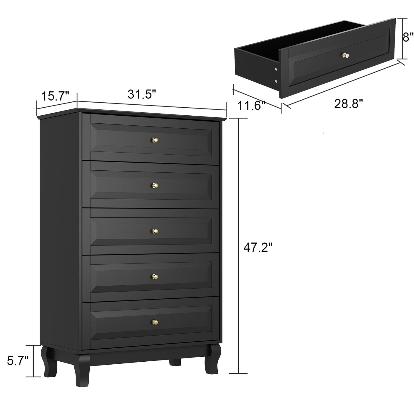 31.5" Modern Minimalist Black Modern Wood Cabinet Display Table Vertical 5-Drawer Dresser