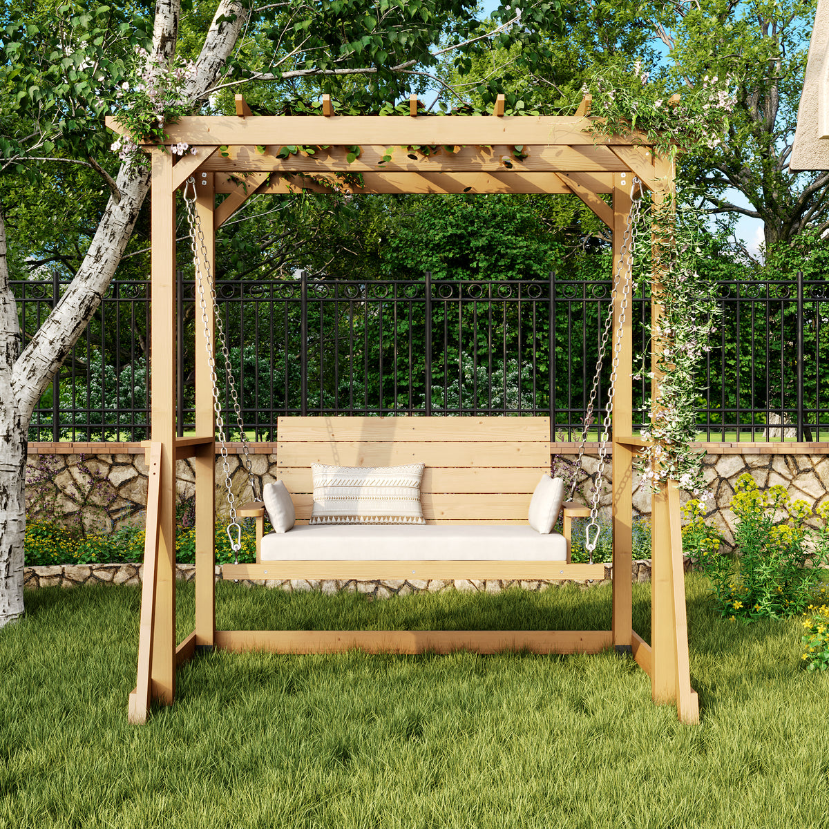 Wooden swing with a canopy in a garden setting
