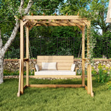 Wooden swing with a canopy in a garden setting
