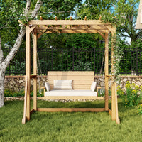 Wooden swing with a canopy in a garden setting