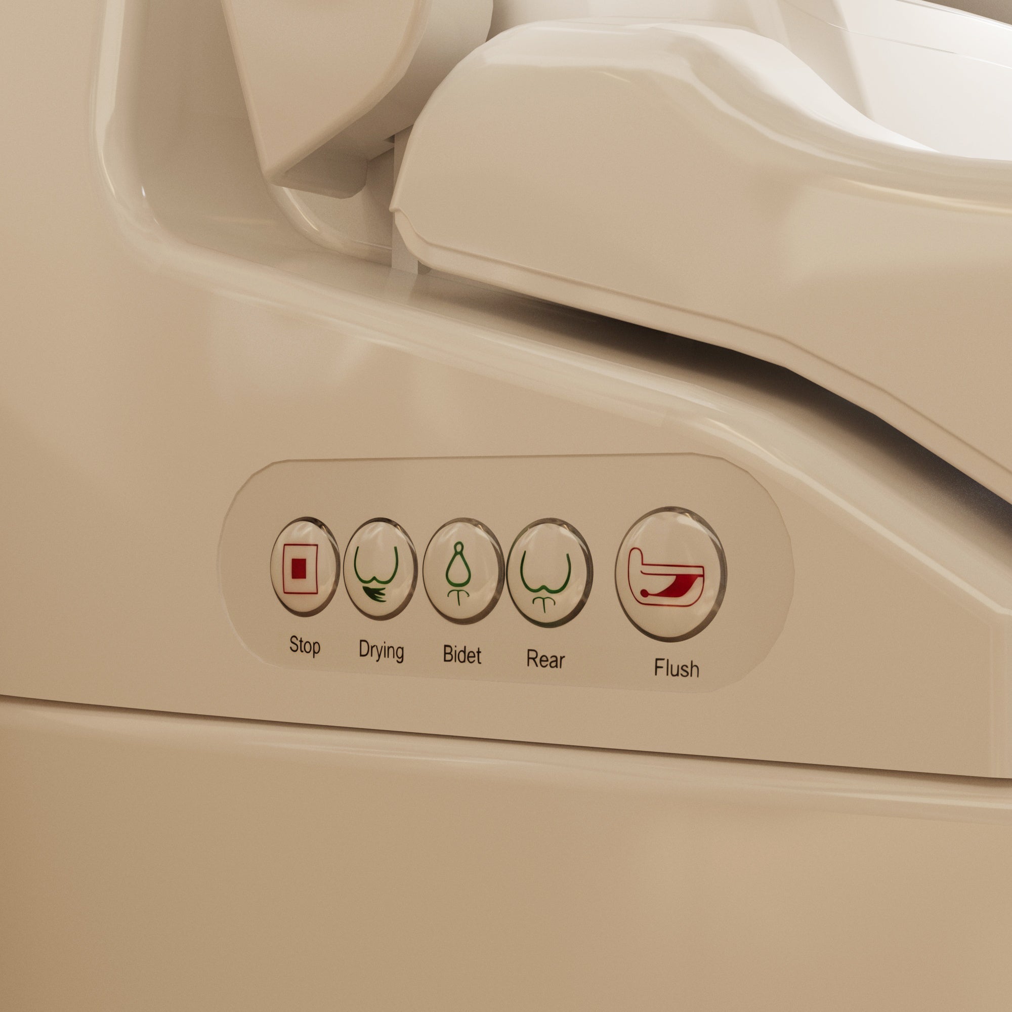 White smart toilet with closed lid, digital display, and built-in bidet