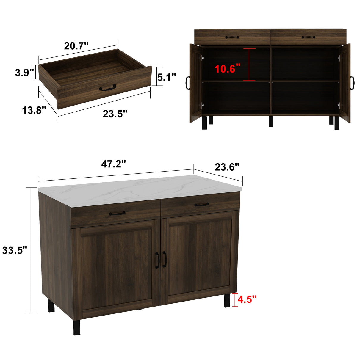 47.2" Modern Brown Wood Kitchen Island with Marble Veneer Countertop and Storage