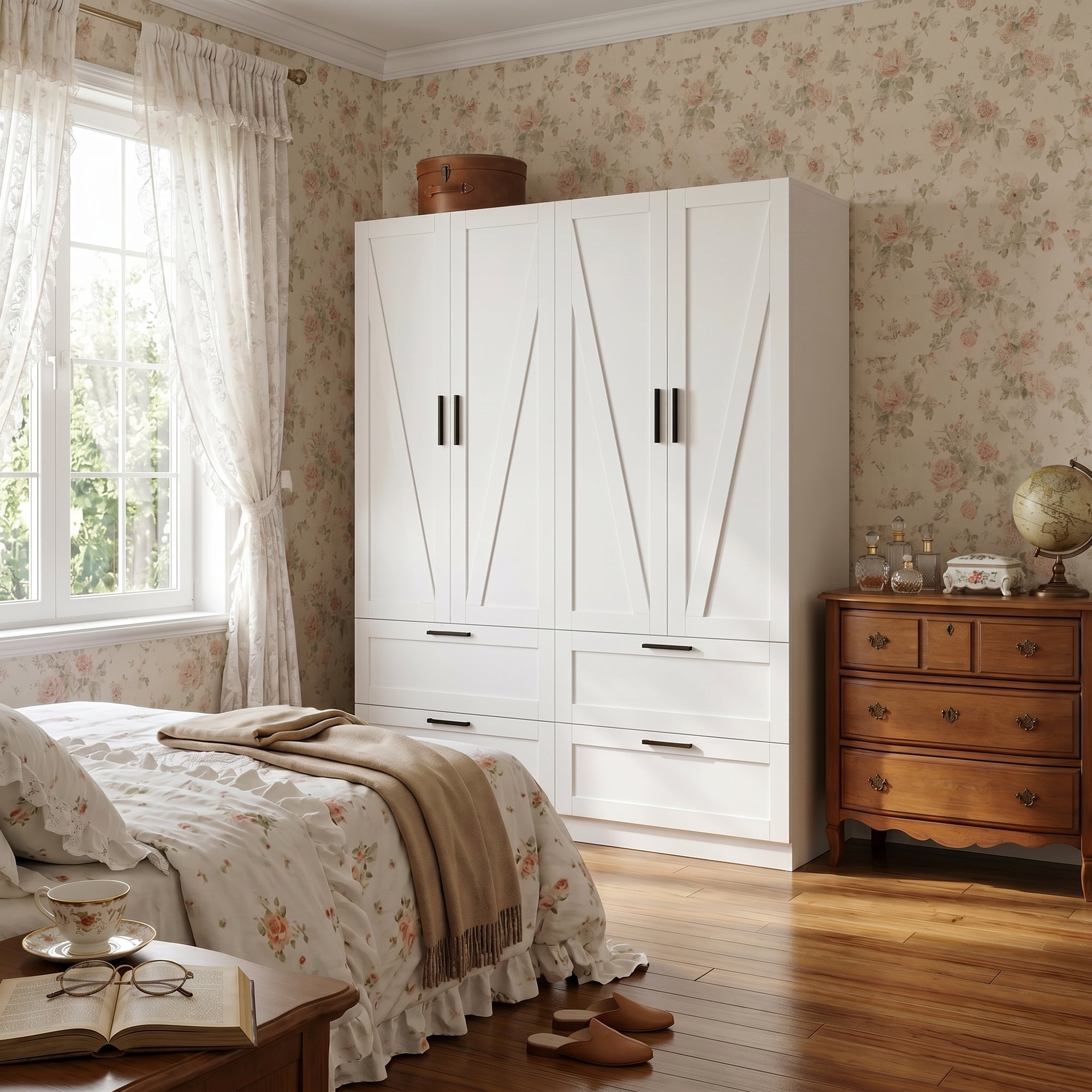 59.8" Modern Farmhouse White 4-Door Wardrobe with Geometric Slat Doors, 4 Drawers and Black Handles
