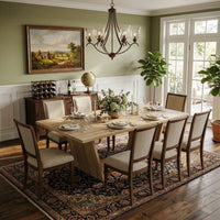 Wood dining table with V-shaped pedestal base 