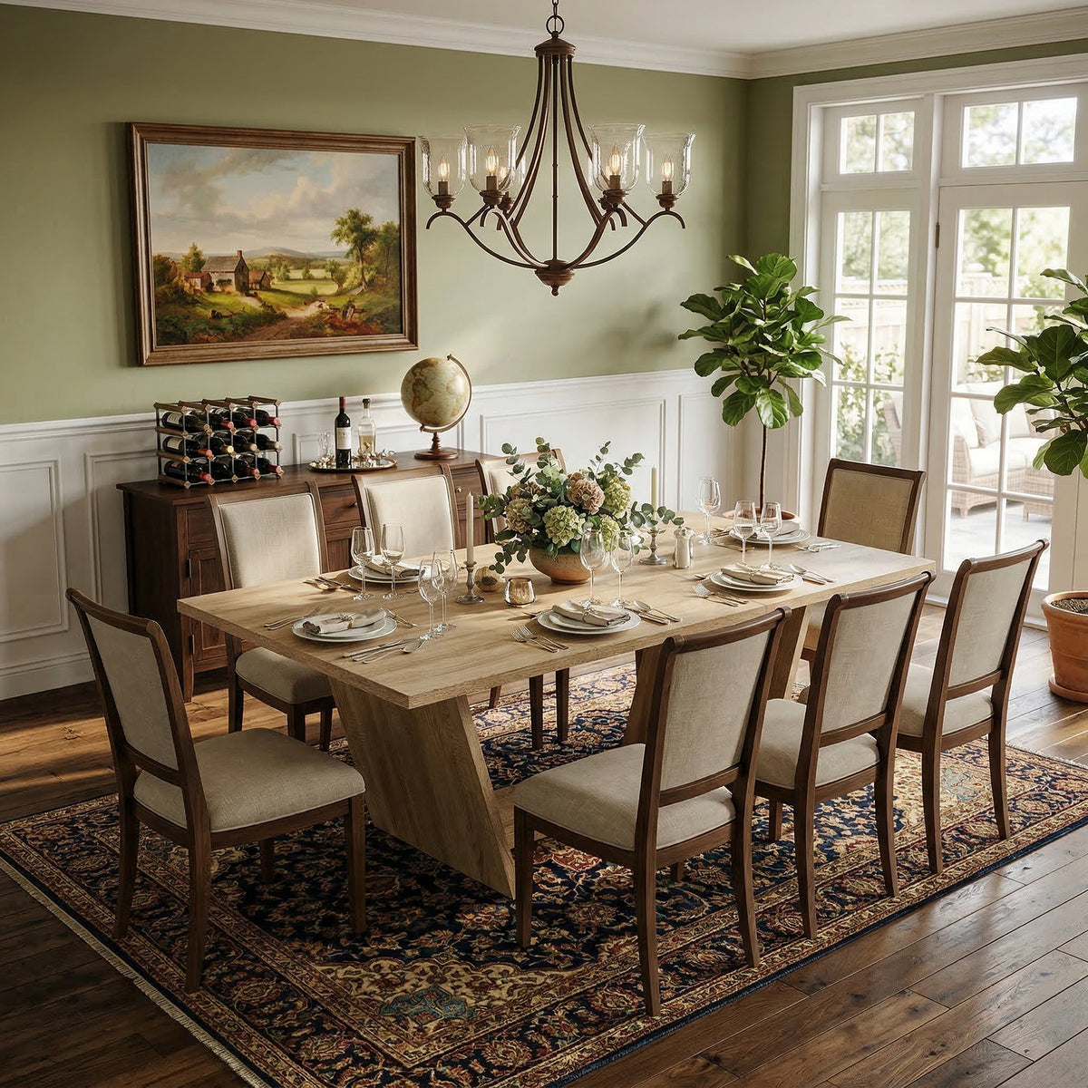 Wood dining table with V-shaped pedestal base 