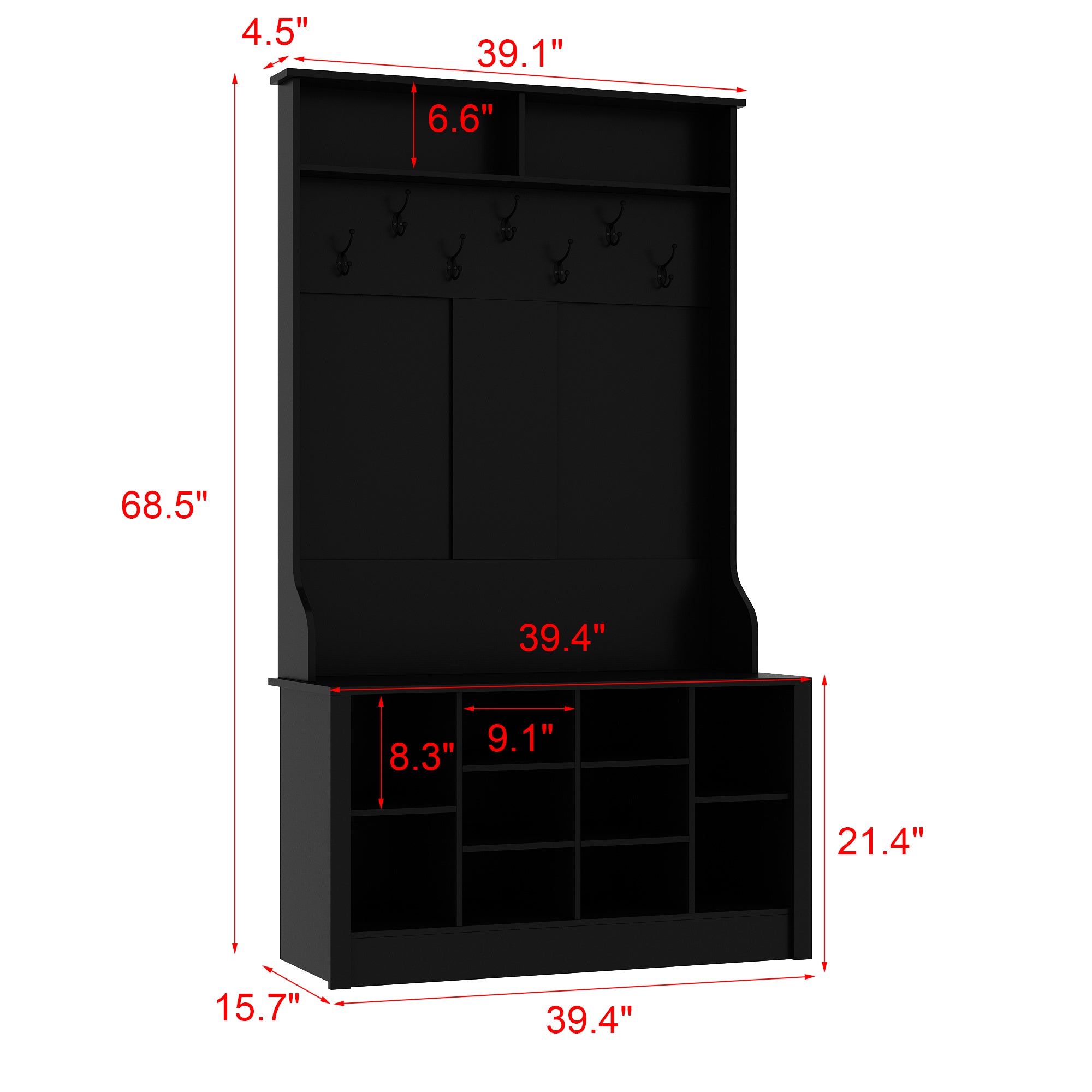 Hall Tree Shoe Storage Rack Bench Cabinet with Hooks for Entryway