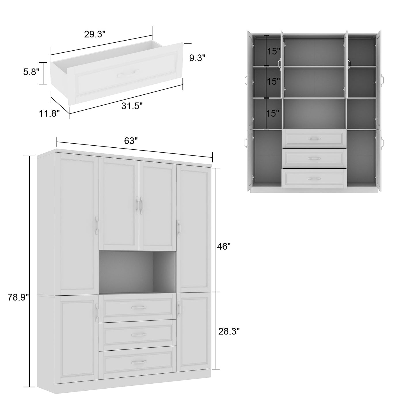 Vila 63" White Display Cabinet & Bookcase with Open Shelf and 3 Drawers