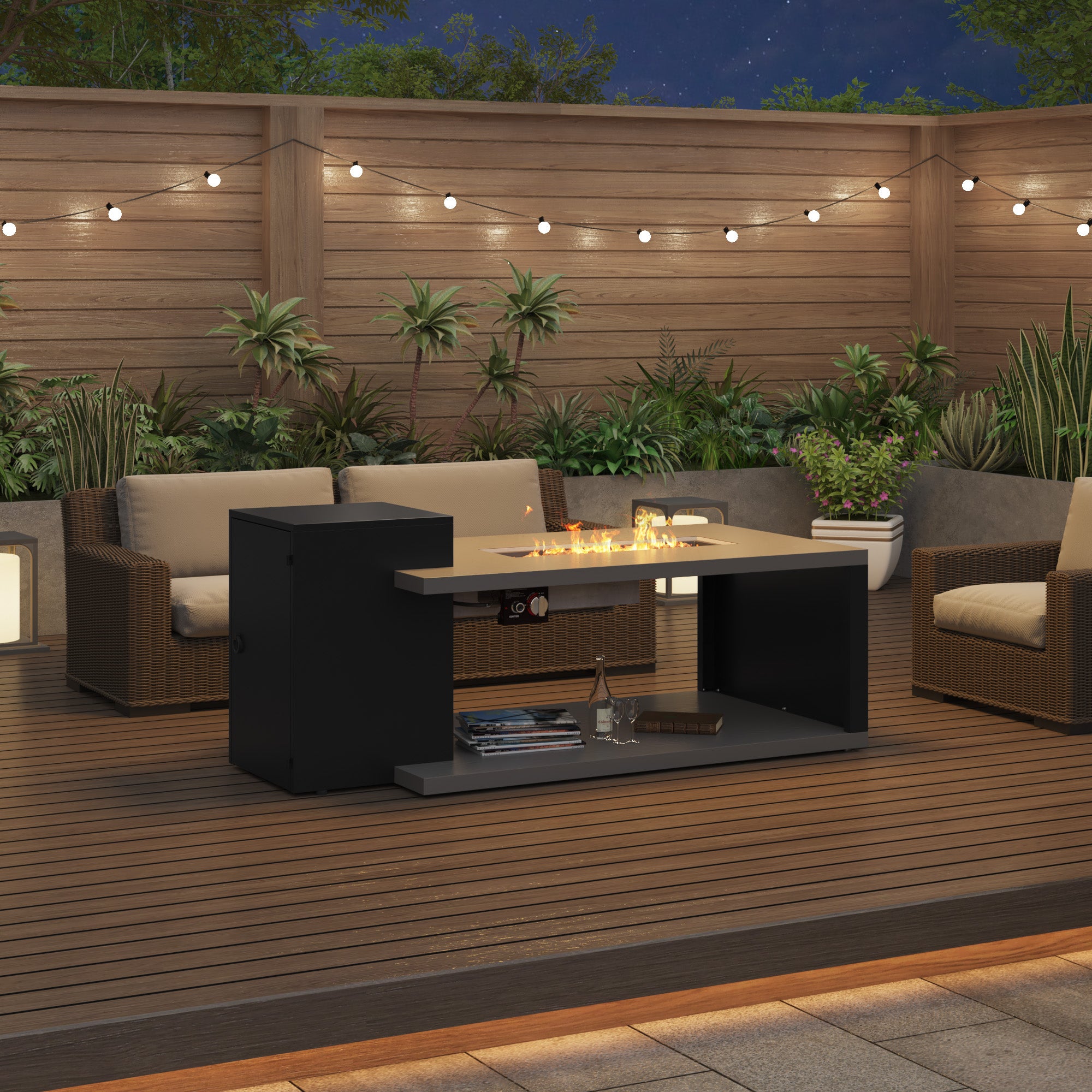 Outdoor patio with fire pit table, chairs, and string lights at night.