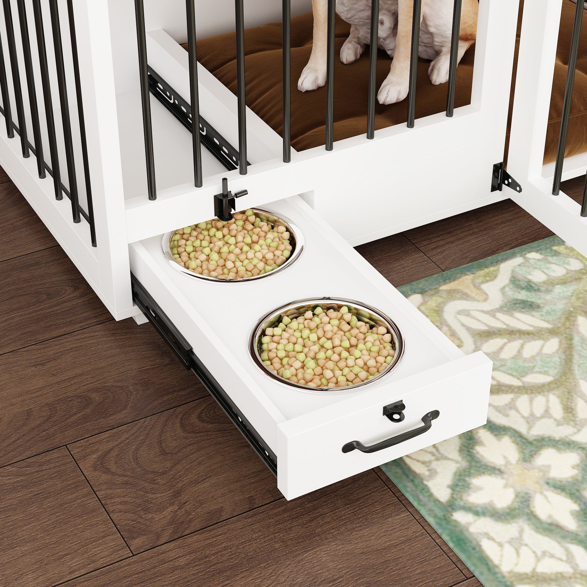 Large Dog Crate Furniture With Pull-Out Dog Bowls And Divider