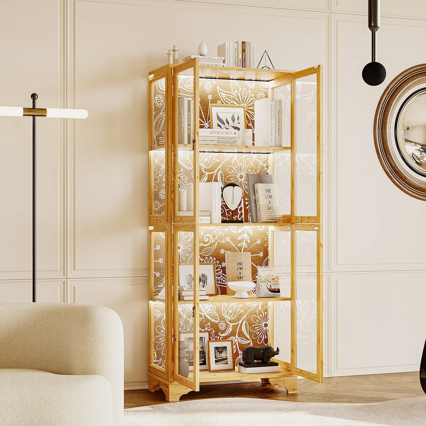 74.2" Traditional Natural China Cabinet With Lights And Floral-etched Glass Doors