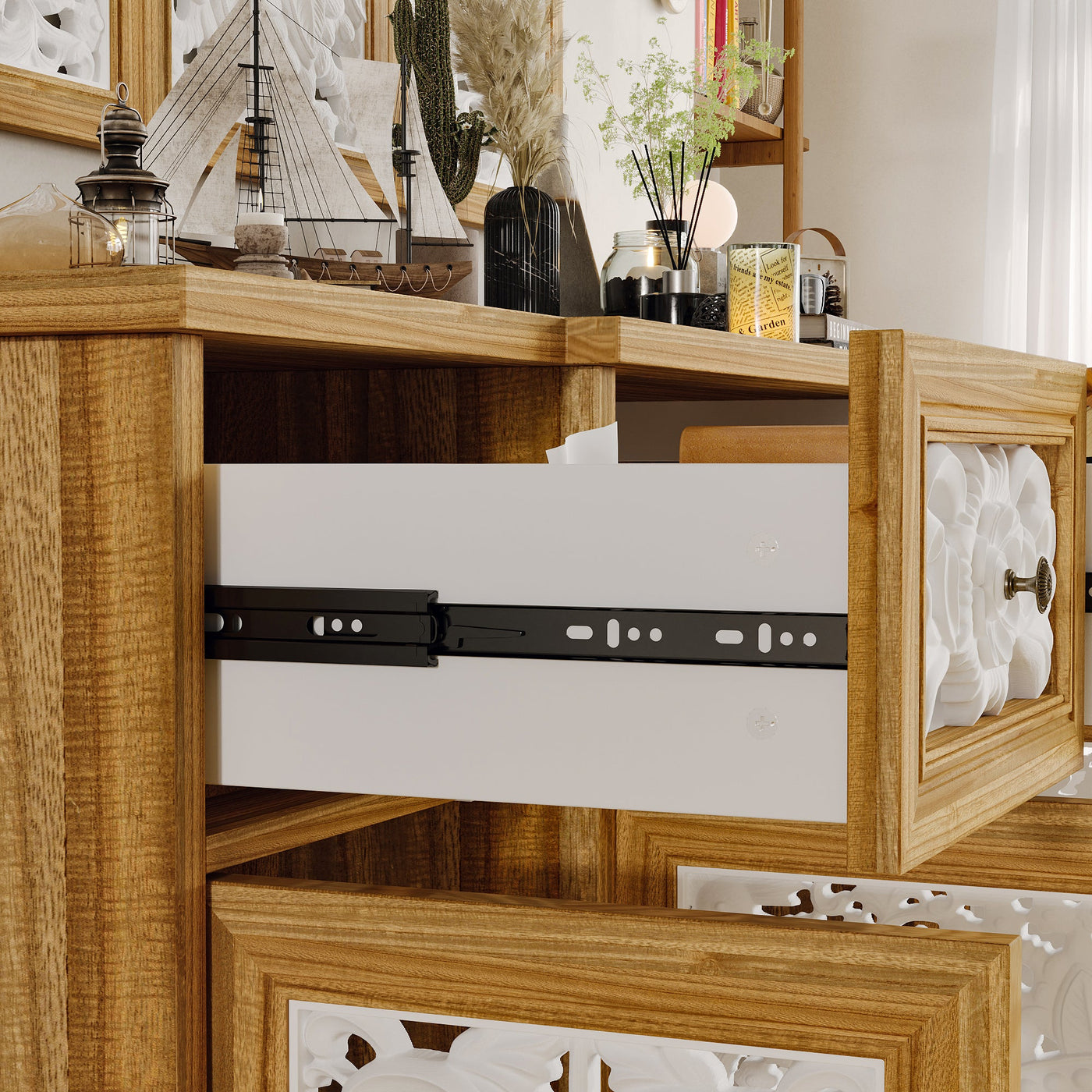 59.1" Bohemian Natural Sideboard Cabinet Buffet Storage Cabinet With Wall Hanging Decorations