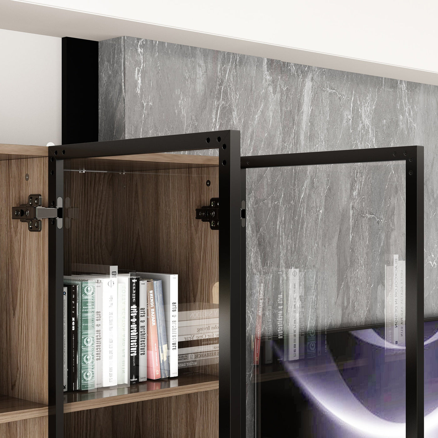 Geyma 63" Modern Brown Display Cabinet with Tempered Glass Doors and Adjustable Lighting