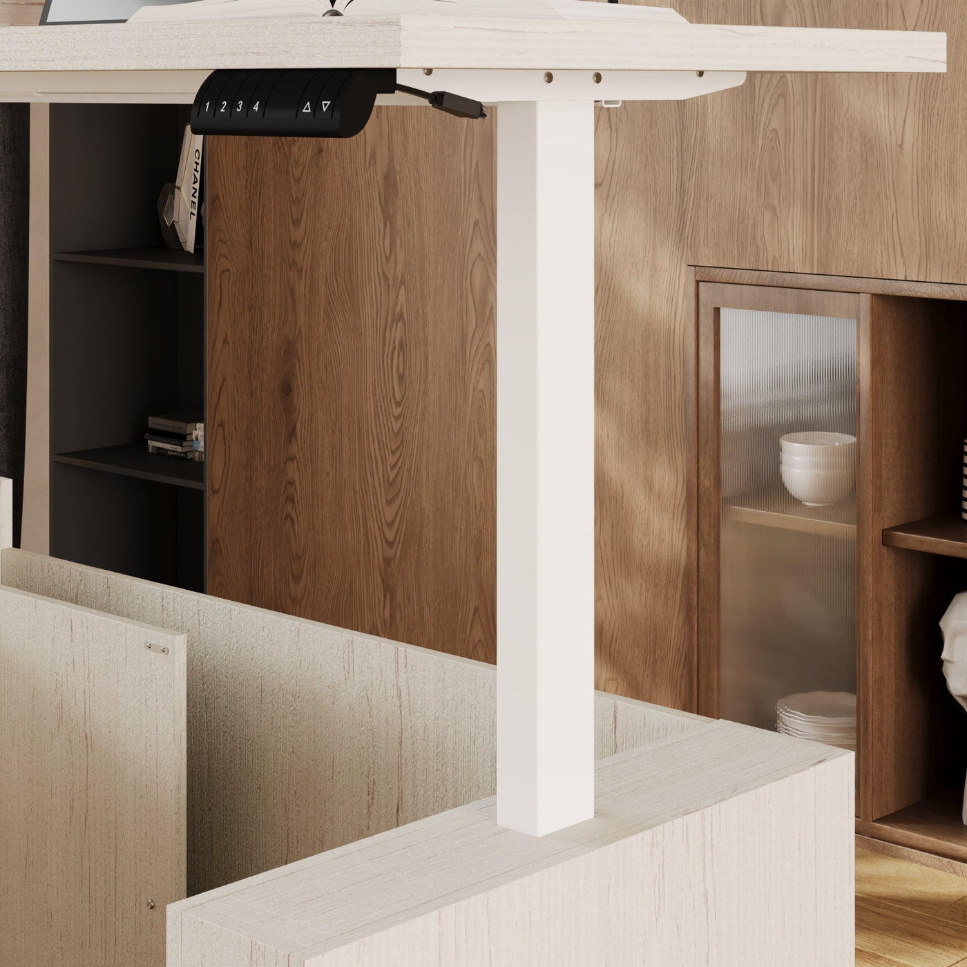63" Wood-Grain L-Shaped Standing Desk with 3 Drawers